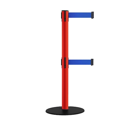 Montour Line Retractable Dbl Belt 2.5" Red Post , Low Base, 9' Blue Belt S400D-RD-BL-90